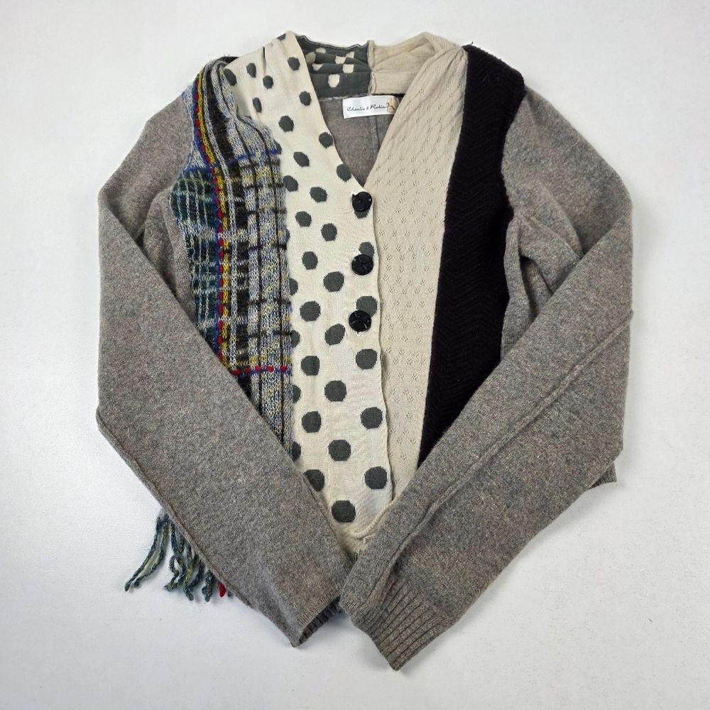 Anthropolgie Charlie & Robin Cardigan Sweater Patchwork Print Polka Dot Fringe S - Picture 3 of 11